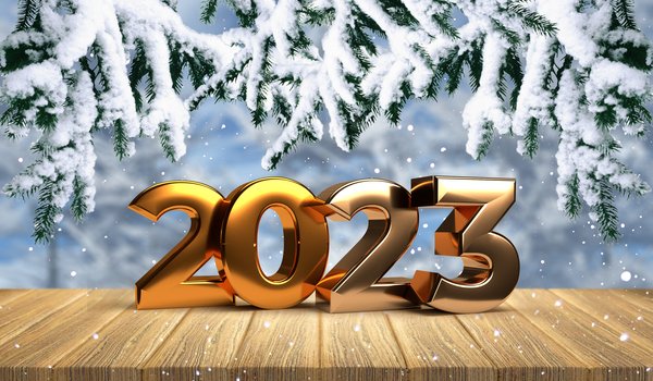 Обои на рабочий стол: 2023, 3d, decoration, design by Marika, golden, happy, metal, new year, numbers, snow, snowflakes, winter, зима, новый год, снег, снежинки, цифры