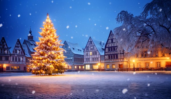 Обои на рабочий стол: christmas, decoration, fir tree, happy, merry, new year, night, snow, winter, город, елка, зима, новый год, ночь, площадь, рождество, снег, украшения, улица, шары