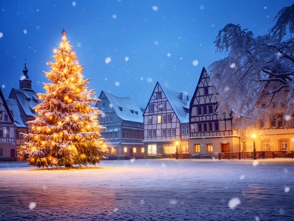 christmas, decoration, fir tree, happy, merry, new year, night, snow, winter, город, елка, зима, новый год, ночь, площадь, рождество, снег, украшения, улица, шары