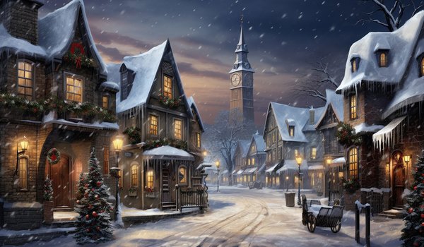 Обои на рабочий стол: balls, christmas, decoration, fir tree, lights, new year, night, snow, street, winter, город, елка, зима, новый год, ночь, рождество, снег, украшения, улица, шары