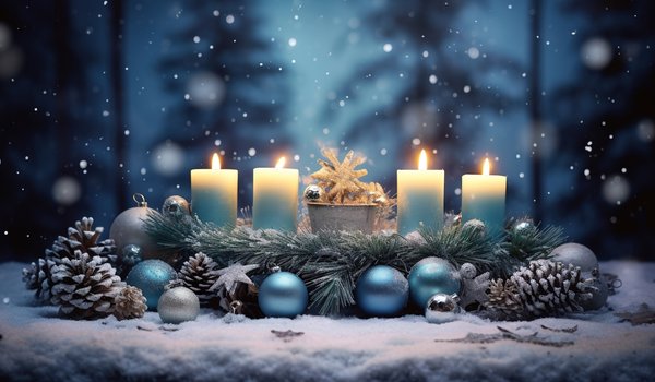 Обои на рабочий стол: balls, candles, christmas, decoration, fir tree, new year, night, snow, winter, елки, зима, новый год, ночь, рождество, свечи, снег, украшения, шары
