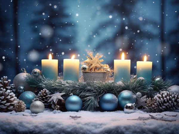 balls, candles, christmas, decoration, fir tree, new year, night, snow, winter, елки, зима, новый год, ночь, рождество, свечи, снег, украшения, шары
