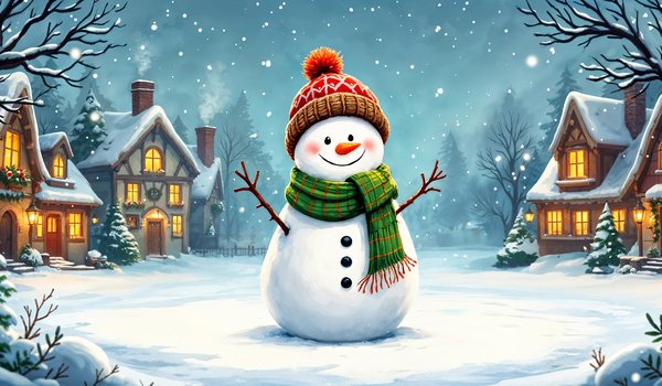 Обои на рабочий стол: card, christmas, cute, decoration, happy, snow, snowman, winter, зима, иллюстрация, новый год, открытка, рождество, снег, снеговик, украшения