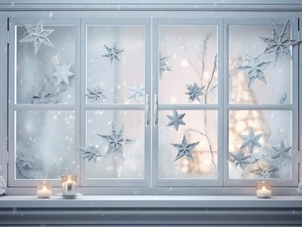 balls, christmas, decoration, fir tree, happy, merry, new year, snow, snowflakes, snowy, tree, window, winter, елка, зима, новый год, окно, рождество, снег, украшения, шары