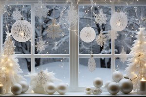 Обои на рабочий стол: balls, christmas, decoration, fir tree, happy, merry, new year, snow, snowflakes, snowy, tree, window, winter, елка, зима, новый год, окно, рождество, снег, украшения, шары