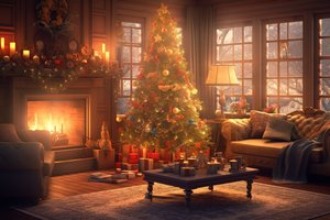 Обои на рабочий стол: christmas, decoration, design, fir tree, fireplace, gifts, happy, indoor, interior, merry, new year, snow, window, winter, елка, зима, интерьер, комната, новый год, подарки, рождество, украшения, шары