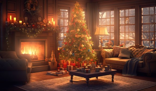 Обои на рабочий стол: christmas, decoration, design, fir tree, fireplace, gifts, happy, indoor, interior, merry, new year, snow, window, winter, елка, зима, интерьер, комната, новый год, подарки, рождество, украшения, шары