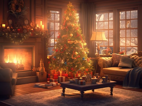 christmas, decoration, design, fir tree, fireplace, gifts, happy, indoor, interior, merry, new year, snow, window, winter, елка, зима, интерьер, комната, новый год, подарки, рождество, украшения, шары