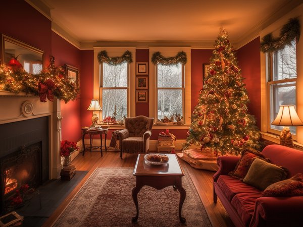 christmas, decoration, design, fir tree, fireplace, gifts, happy, indoor, interior, merry, new year, snow, window, winter, елка, зима, интерьер, комната, новый год, подарки, рождество, украшения, шары