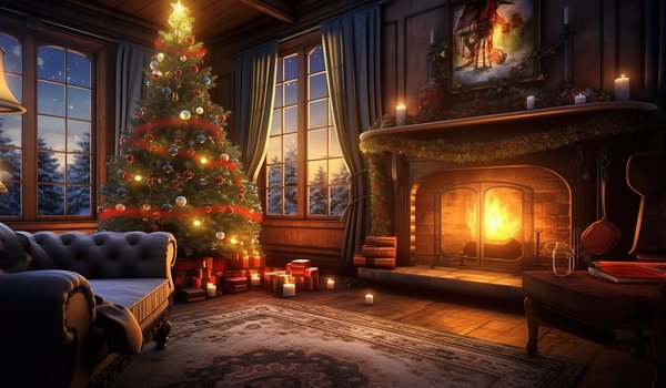 Обои на рабочий стол: christmas, decoration, design, fir tree, fireplace, gifts, happy, indoor, interior, merry, new year, snow, window, winter, елка, зима, интерьер, камин, комната, новый год, подарки, рождество, украшения, шары