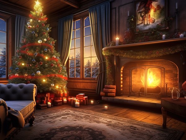 christmas, decoration, design, fir tree, fireplace, gifts, happy, indoor, interior, merry, new year, snow, window, winter, елка, зима, интерьер, камин, комната, новый год, подарки, рождество, украшения, шары