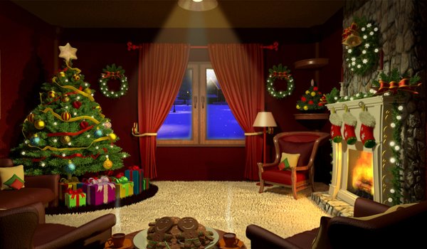 Обои на рабочий стол: merry christmas, Ziv Tsadik, арт, елка, комната, настроение, новый год, ночь, подарки