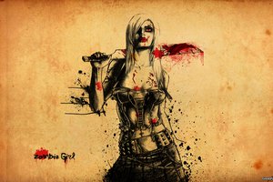 Обои на рабочий стол: girl, zombie, девушка, кровь, тесак