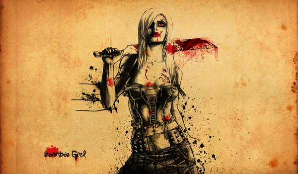 Обои на рабочий стол: girl, zombie, девушка, кровь, тесак