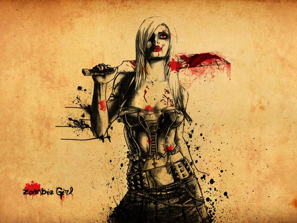 girl, zombie, девушка, кровь, тесак