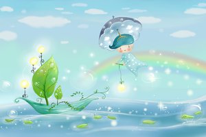 Обои на рабочий стол: вода, дождь, зонт, листья, лодка, мальчик, море, небо, парус, погода, природа, пузыри, радуга, рисунок, свет, тучка, тучки, фонари