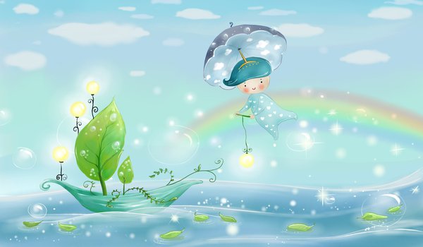 Обои на рабочий стол: вода, дождь, зонт, листья, лодка, мальчик, море, небо, парус, погода, природа, пузыри, радуга, рисунок, свет, тучка, тучки, фонари