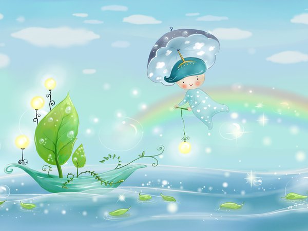 вода, дождь, зонт, листья, лодка, мальчик, море, небо, парус, погода, природа, пузыри, радуга, рисунок, свет, тучка, тучки, фонари