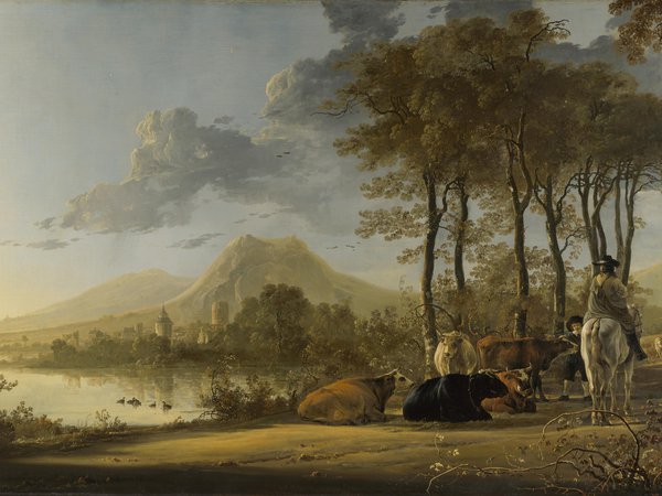 river landscape with horseman and peasants, алберт кейп, всадник, деревья, живопись, картина, коровы, небо, пейзаж, река, речной пейзаж с наездником и крестьянами