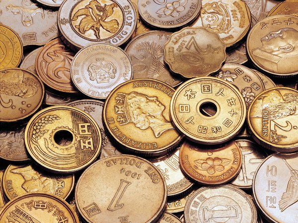азиатские, деньги, иероглифы, много, монеты, фон