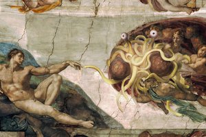 Обои на рабочий стол: flying spaghetti monster, god, адам, ангелы, бог, картина, летающий макаронный монстр, пастафарианство, религия, сикстинская капелла, тефтельки