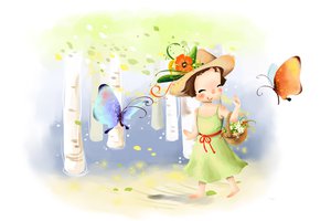 Обои на рабочий стол: бабочка, берёзы, девочка, корзинка, лужайка, платье, рисунок, улыбка, цветы, шляпа