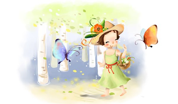 Обои на рабочий стол: бабочка, берёзы, девочка, корзинка, лужайка, платье, рисунок, улыбка, цветы, шляпа