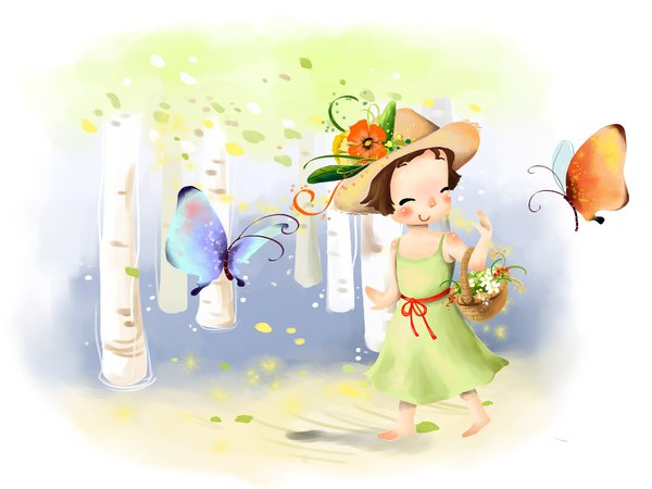бабочка, берёзы, девочка, корзинка, лужайка, платье, рисунок, улыбка, цветы, шляпа