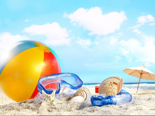 ball, beach, clouds, nature, sand, sea, shells, sky, лето, море, небо, облака, пляж