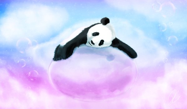 Обои на рабочий стол: голубое, лежа, медведь, панда, пузырь, пузырьки, розовое, спит