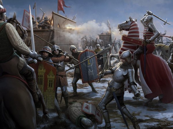 битва, войны, знамя, конь, копье, меч, оружие, средневековье, шит
