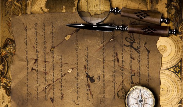 Обои на рабочий стол: карта, компас, лупа, письмо, стилет