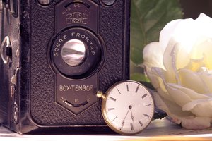 Обои на рабочий стол: белая, камера, карманные, ретро, роза, солнце, фотоаппарат, цветок, часы