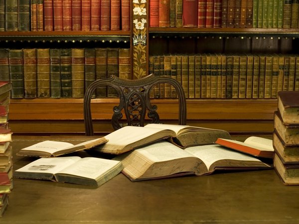 библиотека, книги, полки, стул