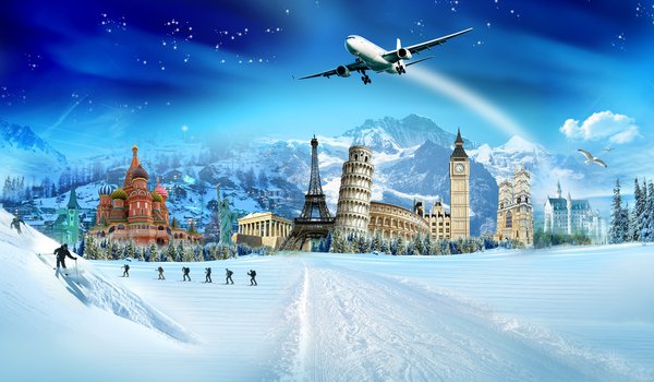 Обои на рабочий стол: букингемский дворец, елки, зима, колизей, кремль, лыжники, Пизанская башня, птицы, снег, эйфелева башня