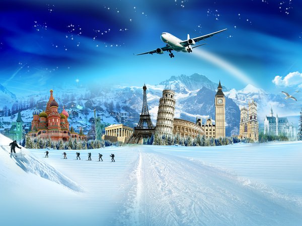 букингемский дворец, елки, зима, колизей, кремль, лыжники, Пизанская башня, птицы, снег, эйфелева башня
