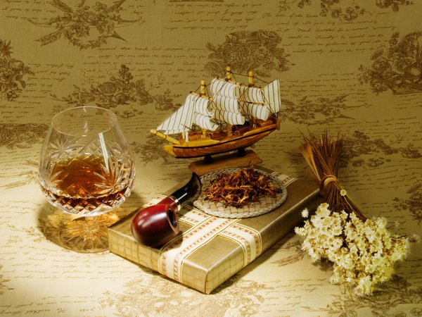 коньяк, корабля, модель, парусника, подарок, табак, трубка