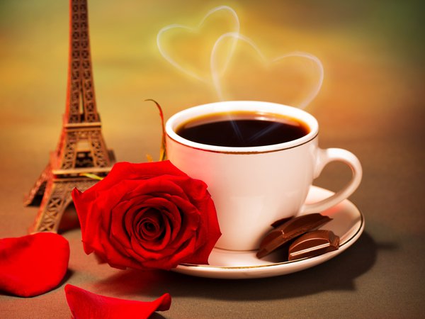 блюдце, дольки, кофе, красная, лепестки, пар, роза, сердечки, сердце, статуэтка, цветок, чашка, шоколад, эйфелева башня