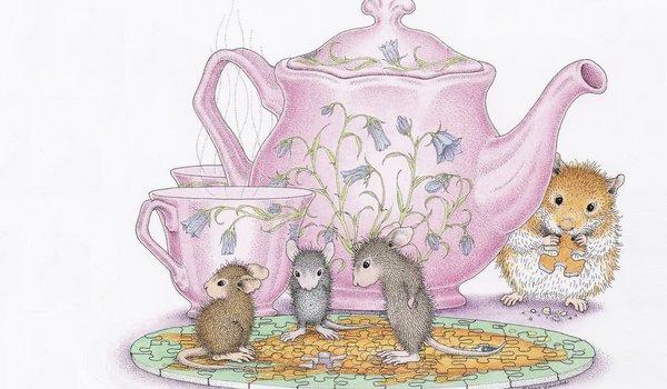 Обои на рабочий стол: Ellen Jareckie, гости, гостинцы, детская, друзья, кружка, мышка, хомячок, чаепитие, чайник, чашка