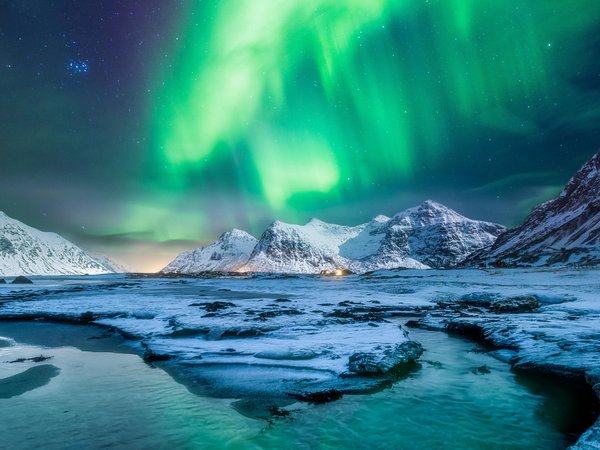 горы, звезды, ледники, Лофотенские острова, норвегия, полярное сияние, северное сияние