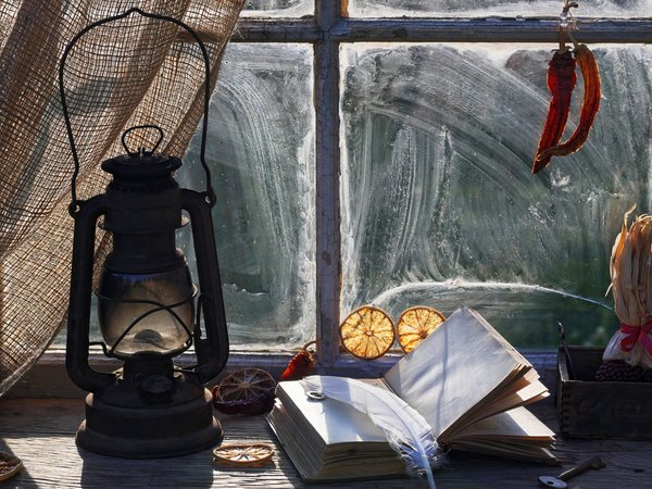 винтаэ, книга, окно, светильник, стол