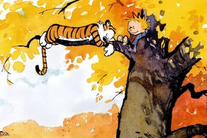 Обои на рабочий стол: Calvin and Hobbes, hobbes, дерево, келвин, Кельвин, кельвин и хоббс, комикс, листва, мальчик, ребёнок, сон, тигр, Хоббс, хобс