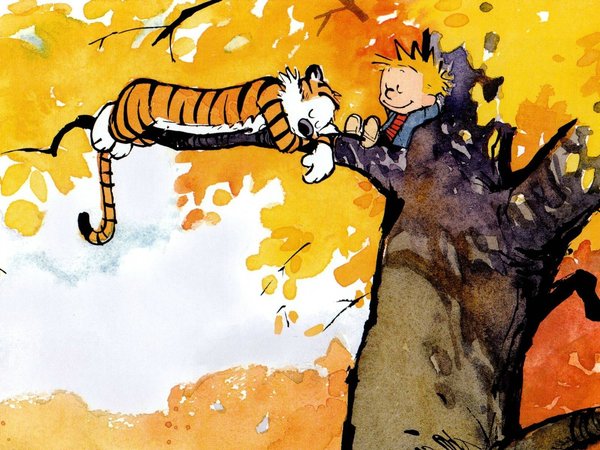 Calvin and Hobbes, hobbes, дерево, келвин, Кельвин, кельвин и хоббс, комикс, листва, мальчик, ребёнок, сон, тигр, Хоббс, хобс