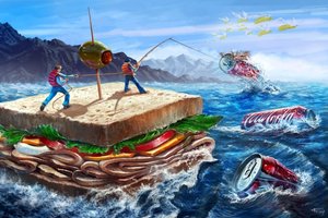 Обои на рабочий стол: coca-cola, бутерброд, кока-кола, кукуруза, люди, море, оливка, рыбаки, сэндвич