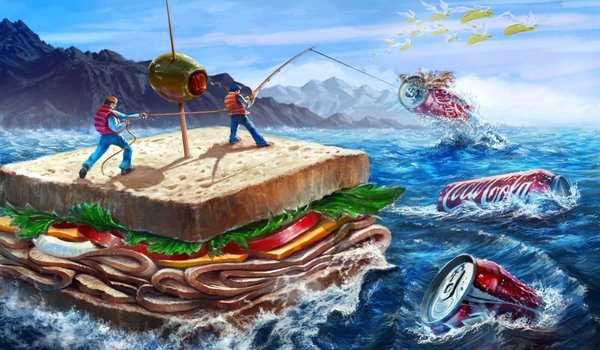 Обои на рабочий стол: coca-cola, бутерброд, кока-кола, кукуруза, люди, море, оливка, рыбаки, сэндвич