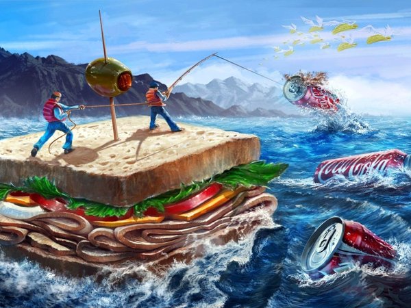 coca-cola, бутерброд, кока-кола, кукуруза, люди, море, оливка, рыбаки, сэндвич