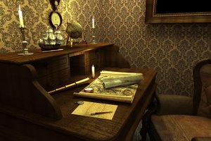 Обои на рабочий стол: vintage letters, voyage map, глобус, карта, комната путешественника, компас, кораблик, макет, письмо, подзорная, свечи, стол, труба, часы
