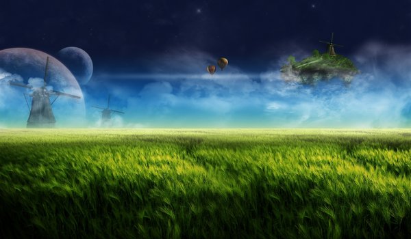 Обои на рабочий стол: clouds, digital farm, dream, fantasy, flying island, grassland, hd wallpapers, landscape, moonlight, night, planets, sky, windmill, воздушные шары, летающий остров, луга, мельница, небо, ночь, облака, планеты, травы, фантазия