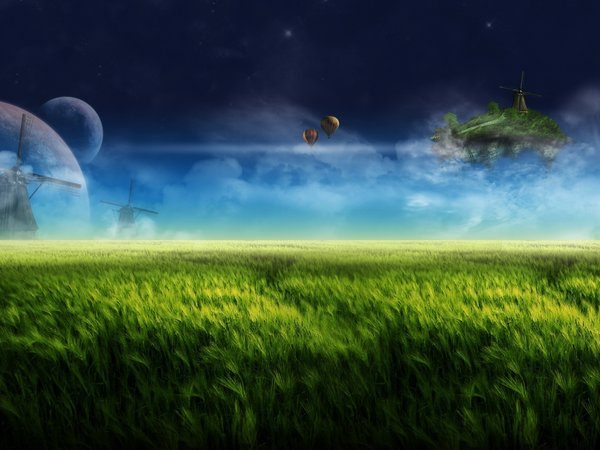 clouds, digital farm, dream, fantasy, flying island, grassland, hd wallpapers, landscape, moonlight, night, planets, sky, windmill, воздушные шары, летающий остров, луга, мельница, небо, ночь, облака, планеты, травы, фантазия