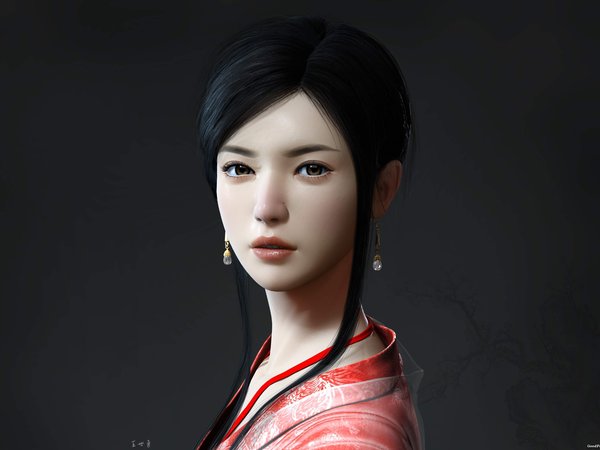 mario wibisono, азиатка, арт, взгляд, девушка, кимоно, серьги